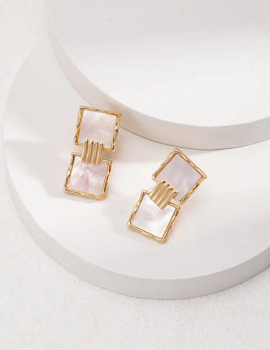 Stylish Square Shell Pendant Dangle Earrings-0