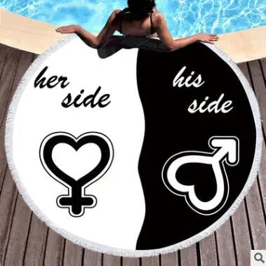 Summer Large Round Beach Towel His and Her Side for Adults Couples Microfiber Toalla Tassel Bath Towel Yoga Mat - Memoriex 