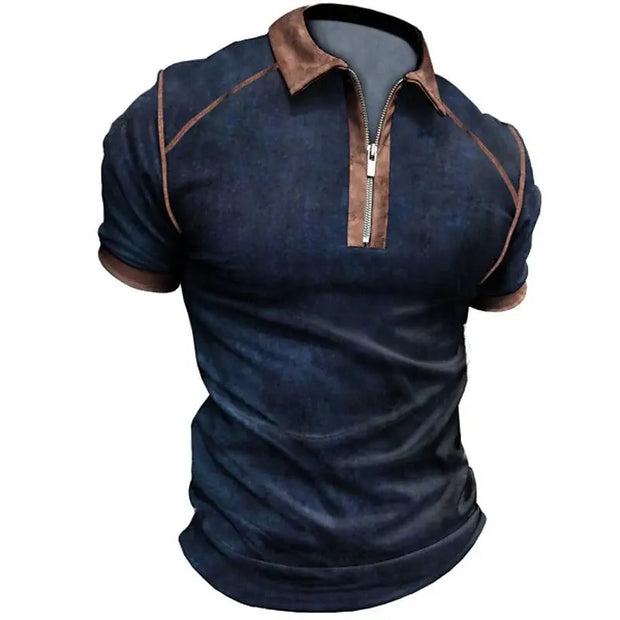 Summer New Men Polo Shirt Short Sleeve Color Matching Zipper T-Shirt Top - Memoriex 