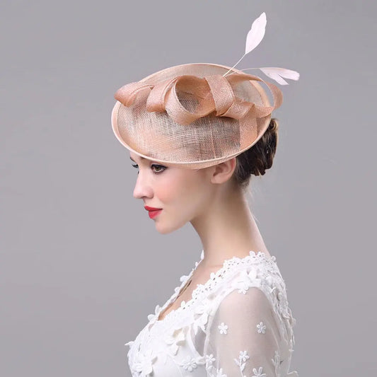 Summer Outdoor Ladies Hat Western-Style Linen Banquet Bridal Hat Bow Feather Headdress - Memoriex 