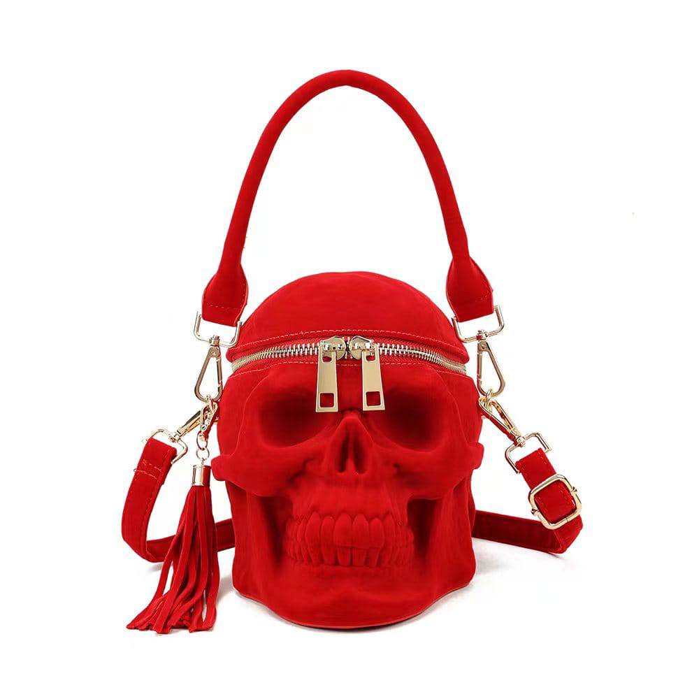 Unisex 3D Bags Red Suede Skull Cross Body Shoulder Bag Mini Handle Handbags-0