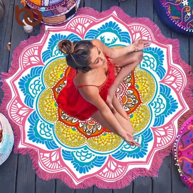 Tassel Indian Toalla Mandala Tapestry Beach Towel Sunblock Round Bikini Cover-Up Blanket Lotus Bohemian Yoga Mat - Memoriex 