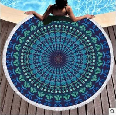 Tassel Mandala Blue Tapestry Bohemian Round Beach Towel Toalla Sunblock Boho Printed Blanket Yoga Mat - Memoriex 