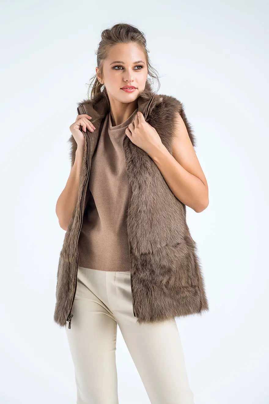 Taupe Geniune Reversible Sheepskin Fur Vest-0