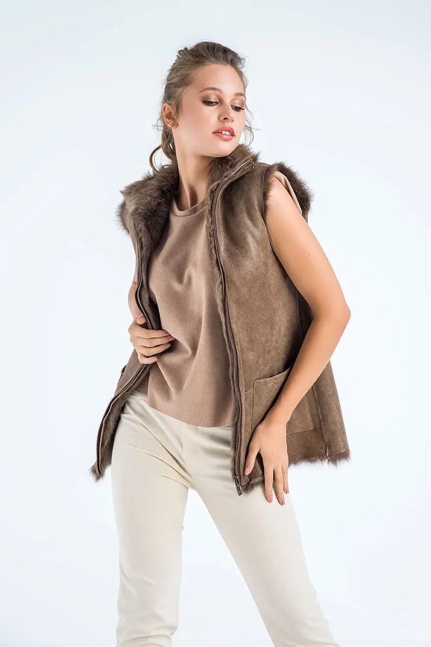 Taupe Geniune Reversible Sheepskin Fur Vest-3