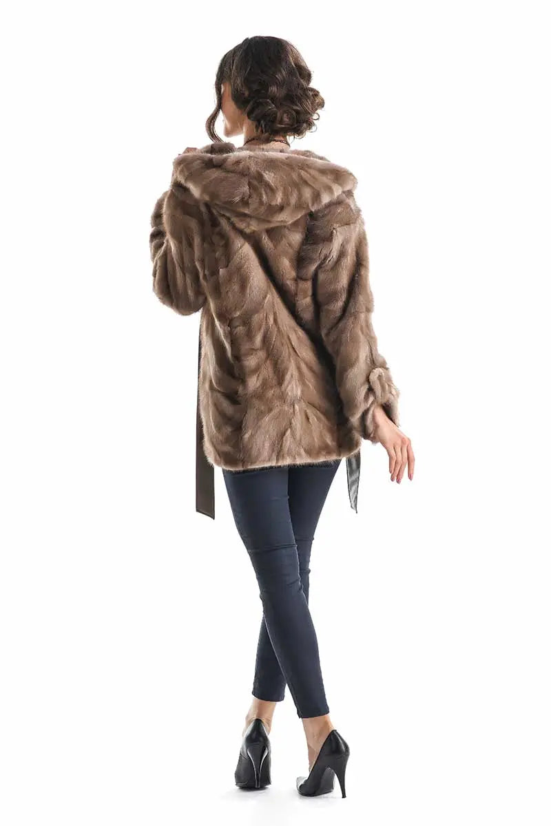 Taupe Hooded Genuine Mink Fur Coat with Leather Belt-1