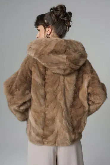 Taupe Hooded Nutria Mink Fur Coat-1