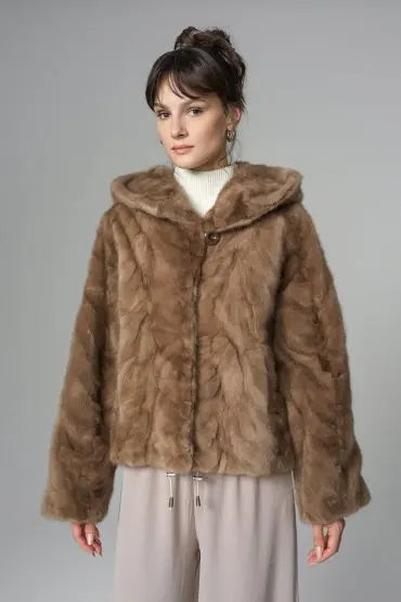 Taupe Hooded Nutria Mink Fur Coat-2