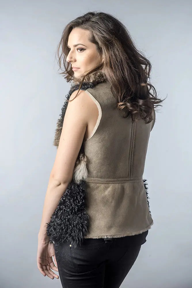 Taupe Lamb Nappa Leather Shearling Vest-1