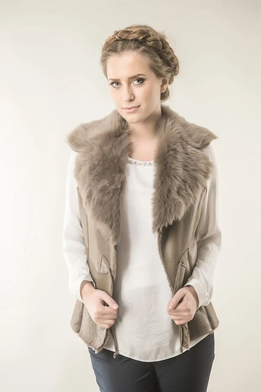 Taupe Merino Fur Nappa Lamb Leather Vest-0