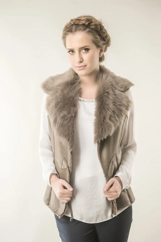 Taupe Merino Fur Nappa Lamb Leather Vest-0