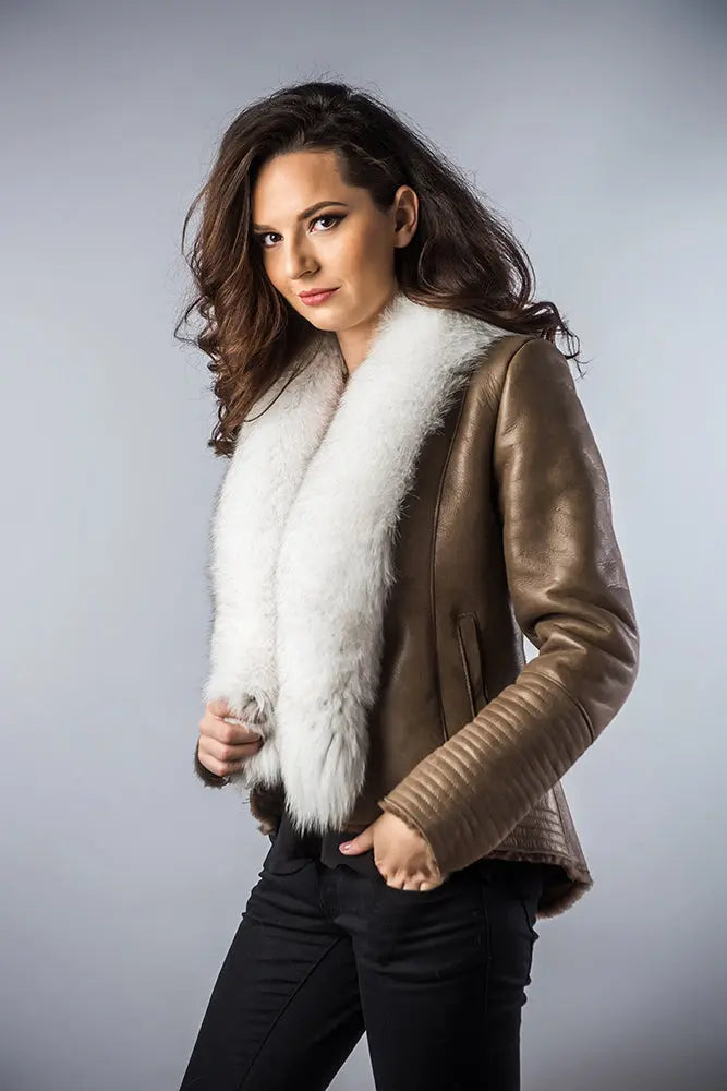 Taupe Merino Shearling Jacket with Arctic Fox Fur Collar-0