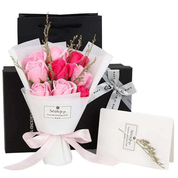 Teacher's Day Gift Eve Valentine's Day Dried Flowers Small Bouquet Of 9 Roses Soap Bouquet Gift Box - Memoriex 