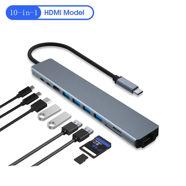 Ten in One Expansion Dock Type-C to HDMI 4K 100Mbps Ethernet Port Laptop Expansion Dock USB Hub - Memoriex 