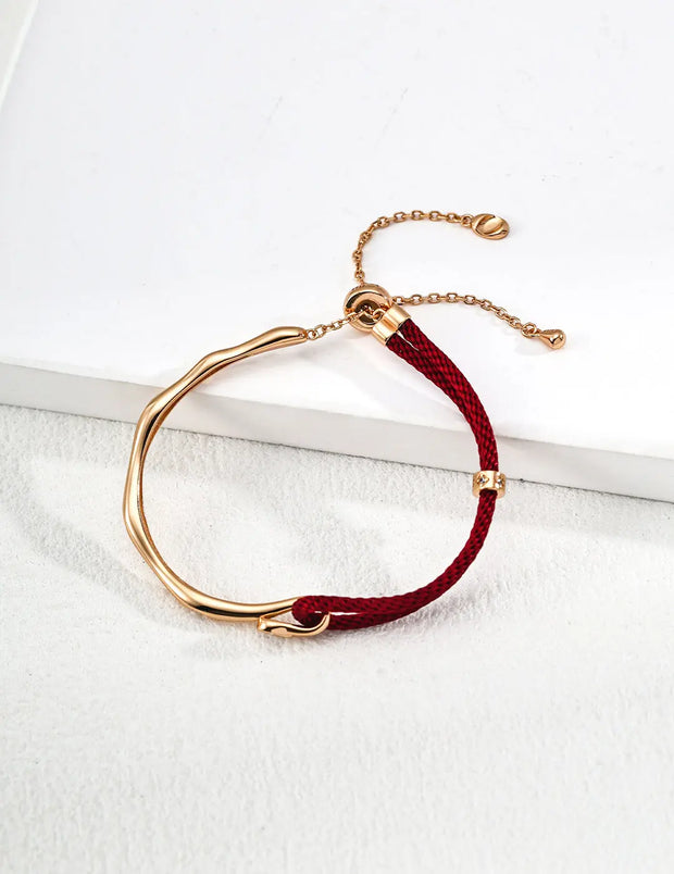 Textured Metal & Red Cord Contrast Bracelet-0