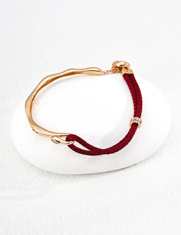 Textured Metal & Red Cord Contrast Bracelet-1