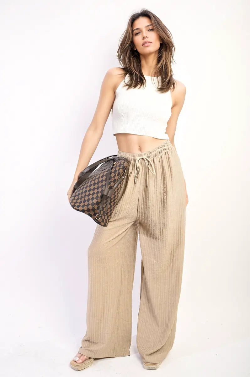 Textured Wide Leg Drawstring Trousers-9