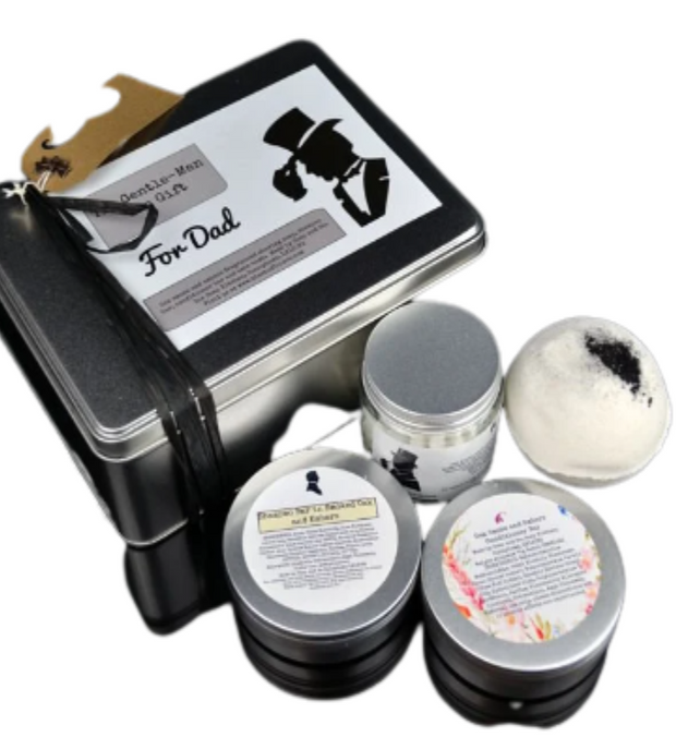 The Gentleman Can Gift Tin with Bath Bomb, Whipped Shaving Soap, Shampoo and Conditioner Bar - Memoriex 
