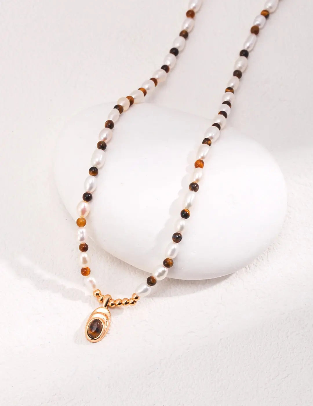 Tiger Eye Beaded Pearl Necklace - Memoriex