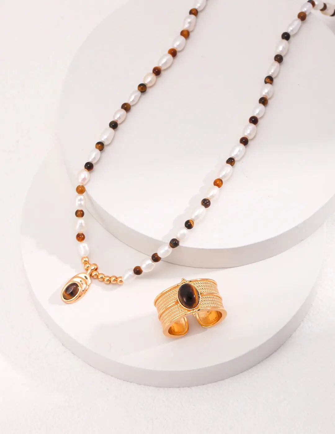 Tiger Eye Beaded Pearl Necklace - Memoriex