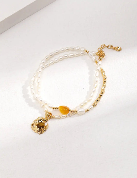 Tiger Eye Gemstone Pearl Necklace - Memoriex