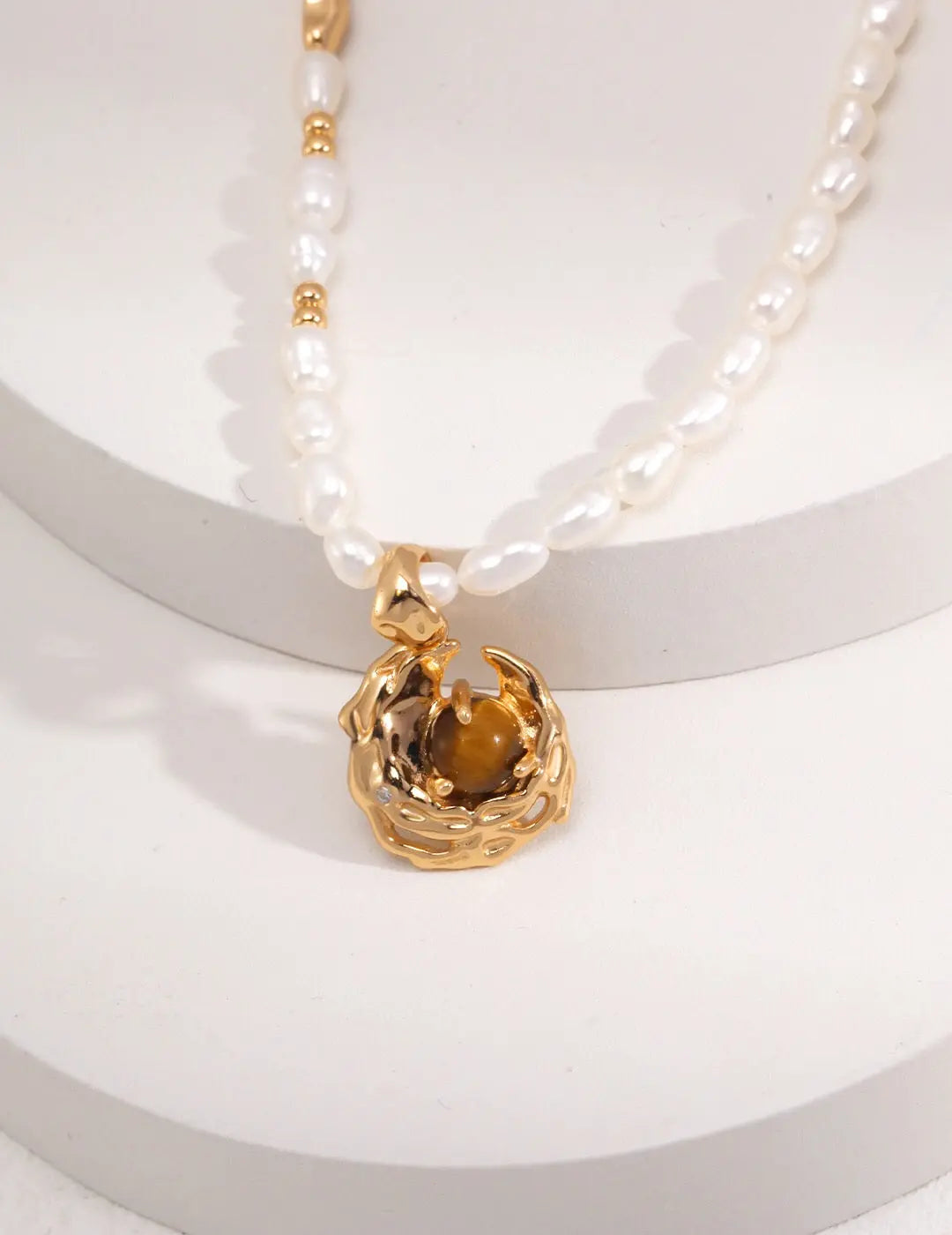 Tiger Eye Gemstone Pearl Necklace - Memoriex