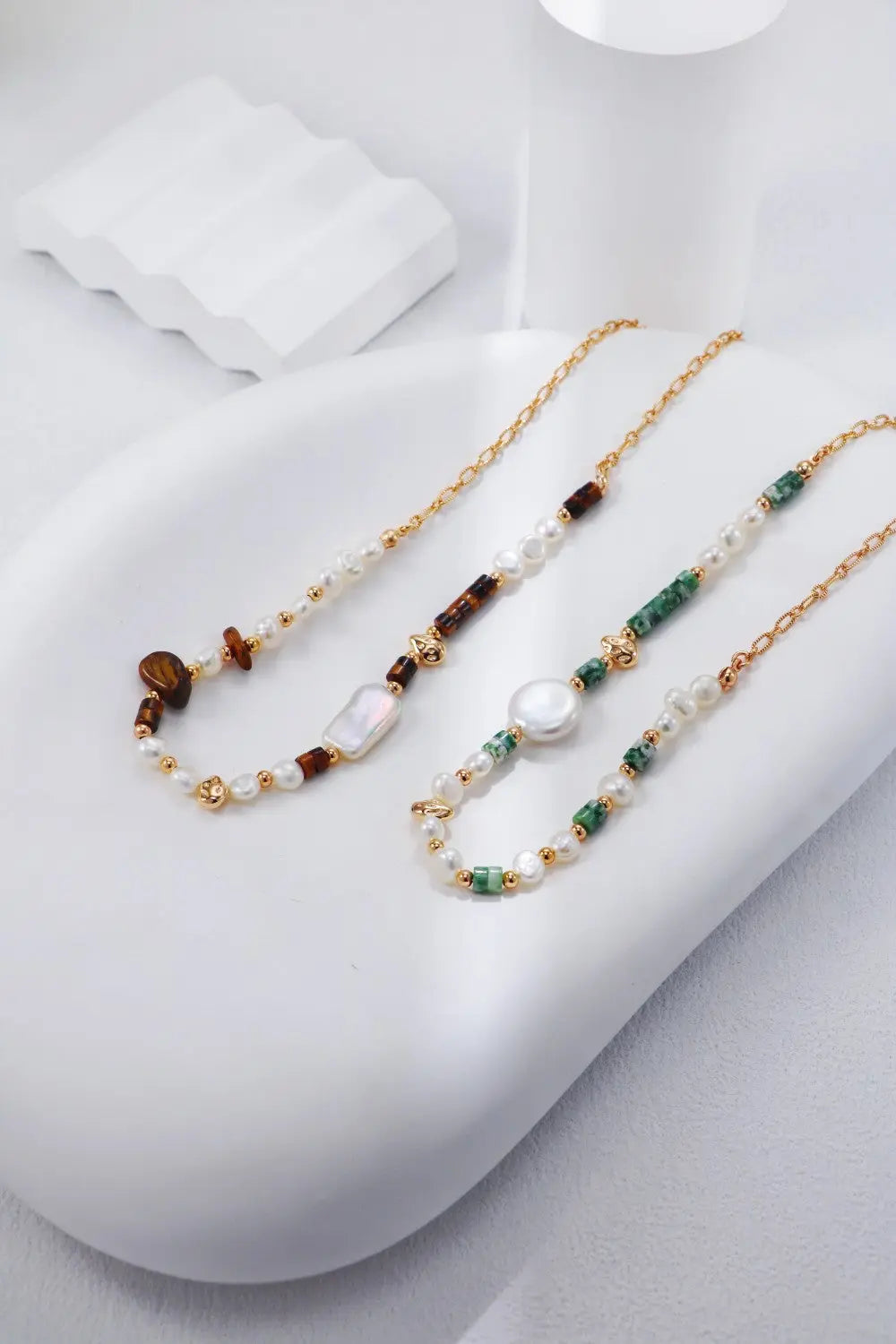 Tiger Eye / Green Dot Stone Pearl Necklace-0