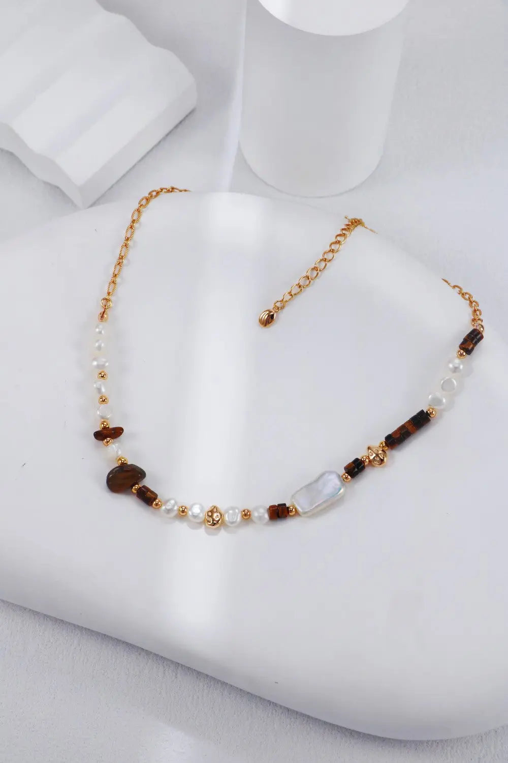 Tiger Eye / Green Dot Stone Pearl Necklace-1