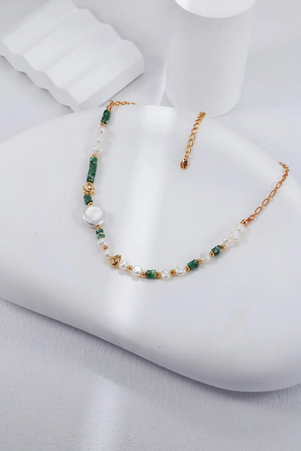 Tiger Eye / Green Dot Stone Pearl Necklace-2