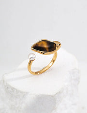 Tiger Eye Leaf & Pearl Dewdrop Open Ring-0