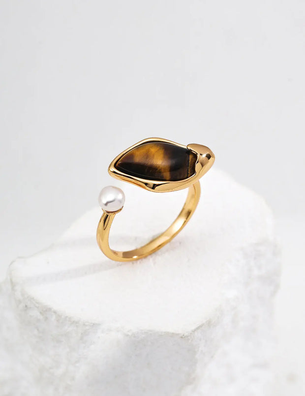 Tiger Eye Leaf & Pearl Dewdrop Open Ring-0