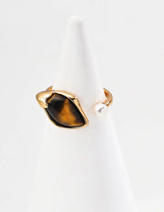 Tiger Eye Leaf & Pearl Dewdrop Open Ring-1