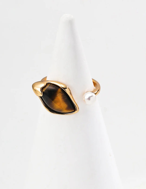Tiger Eye Leaf & Pearl Dewdrop Open Ring-1