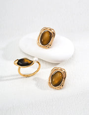 Tiger Eye Leaf & Pearl Dewdrop Open Ring-2