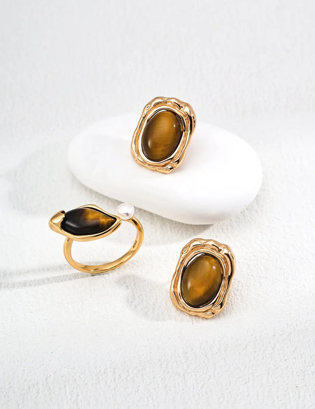 Tiger Eye Leaf & Pearl Dewdrop Open Ring-2