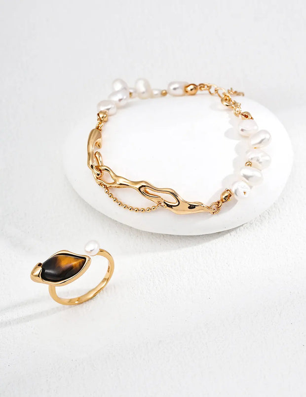 Tiger Eye Leaf & Pearl Dewdrop Open Ring-3