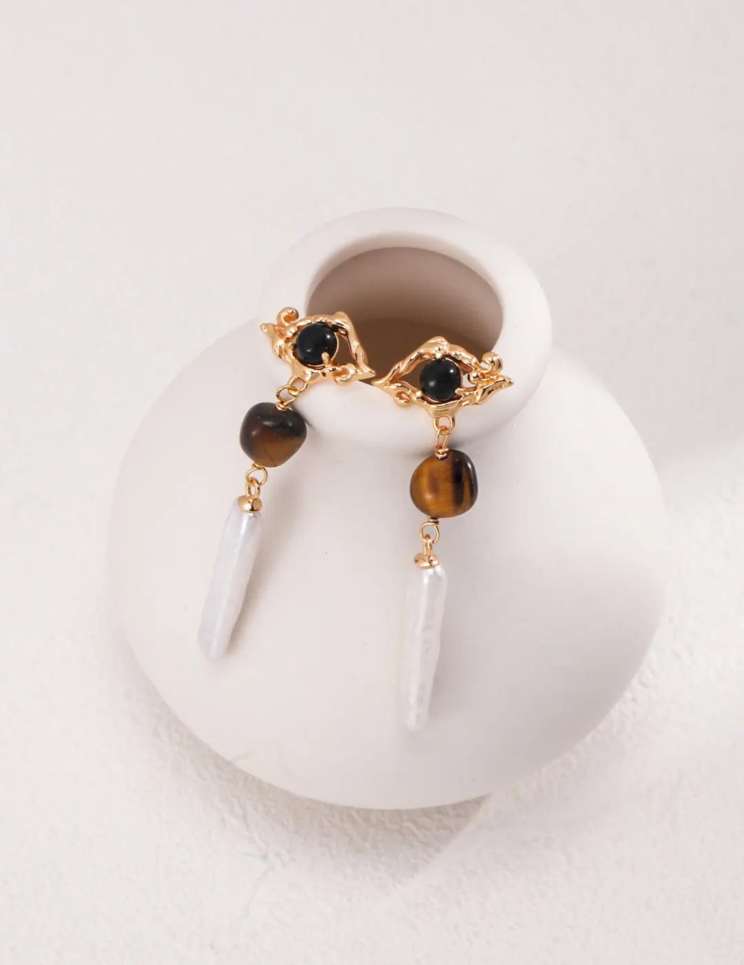 Tiger Eye Stone Long Baroque Pearl Earrings-0