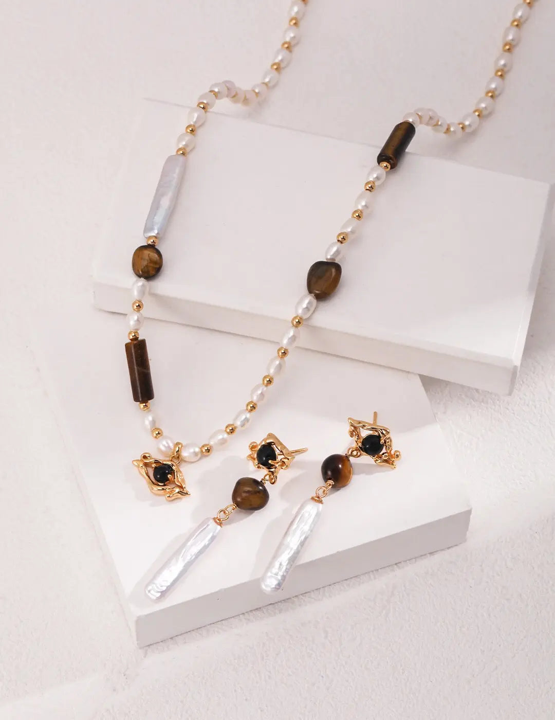 Tiger Eye Stone Long Baroque Pearl Earrings-1