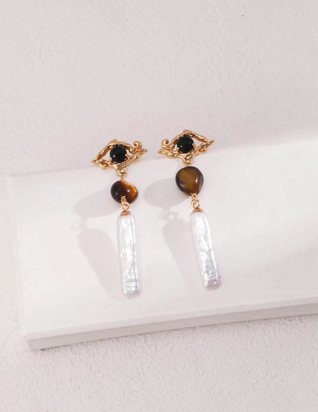 Tiger Eye Stone Long Baroque Pearl Earrings-2