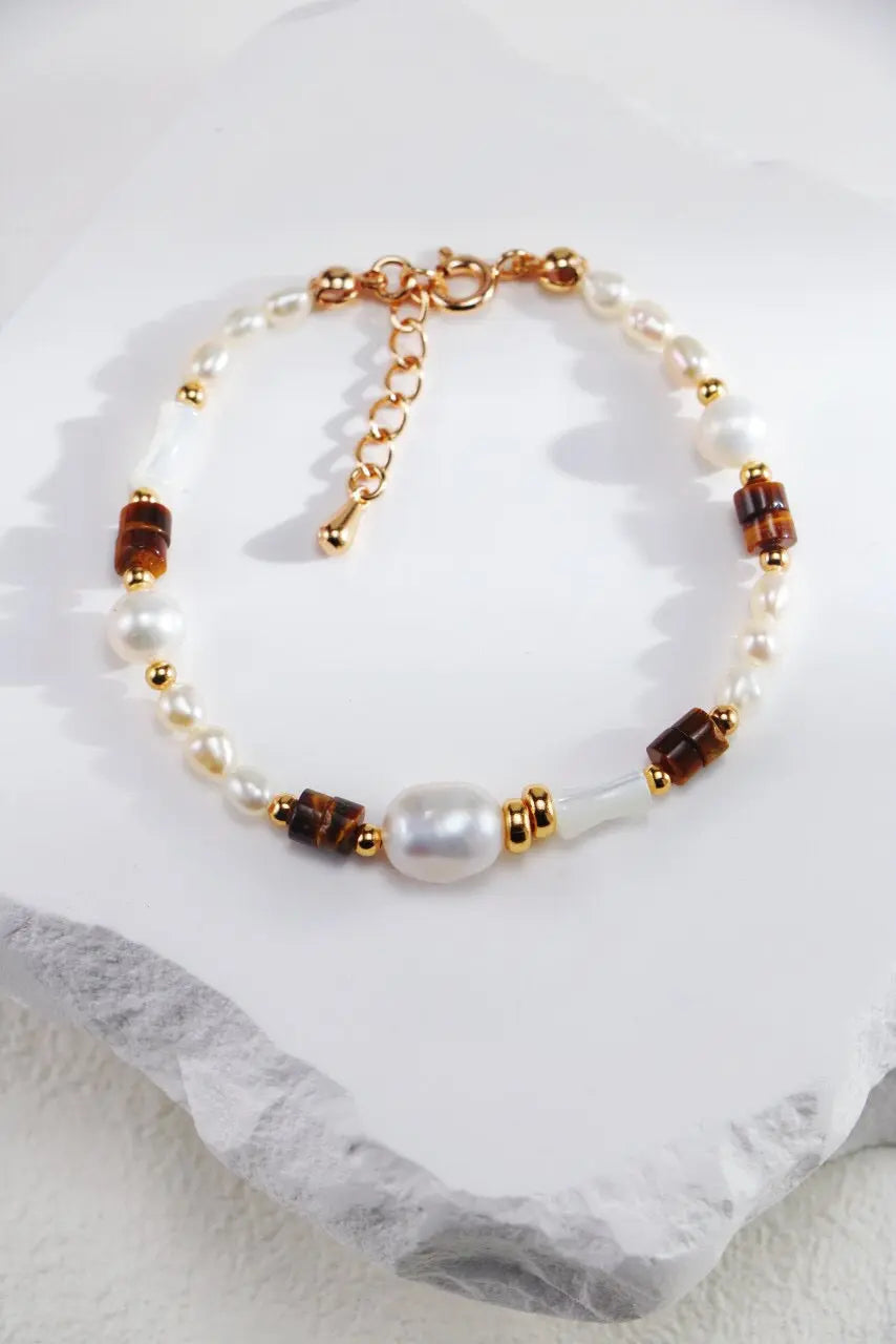 Tiger Eye Stone Pearl Bracelet-0