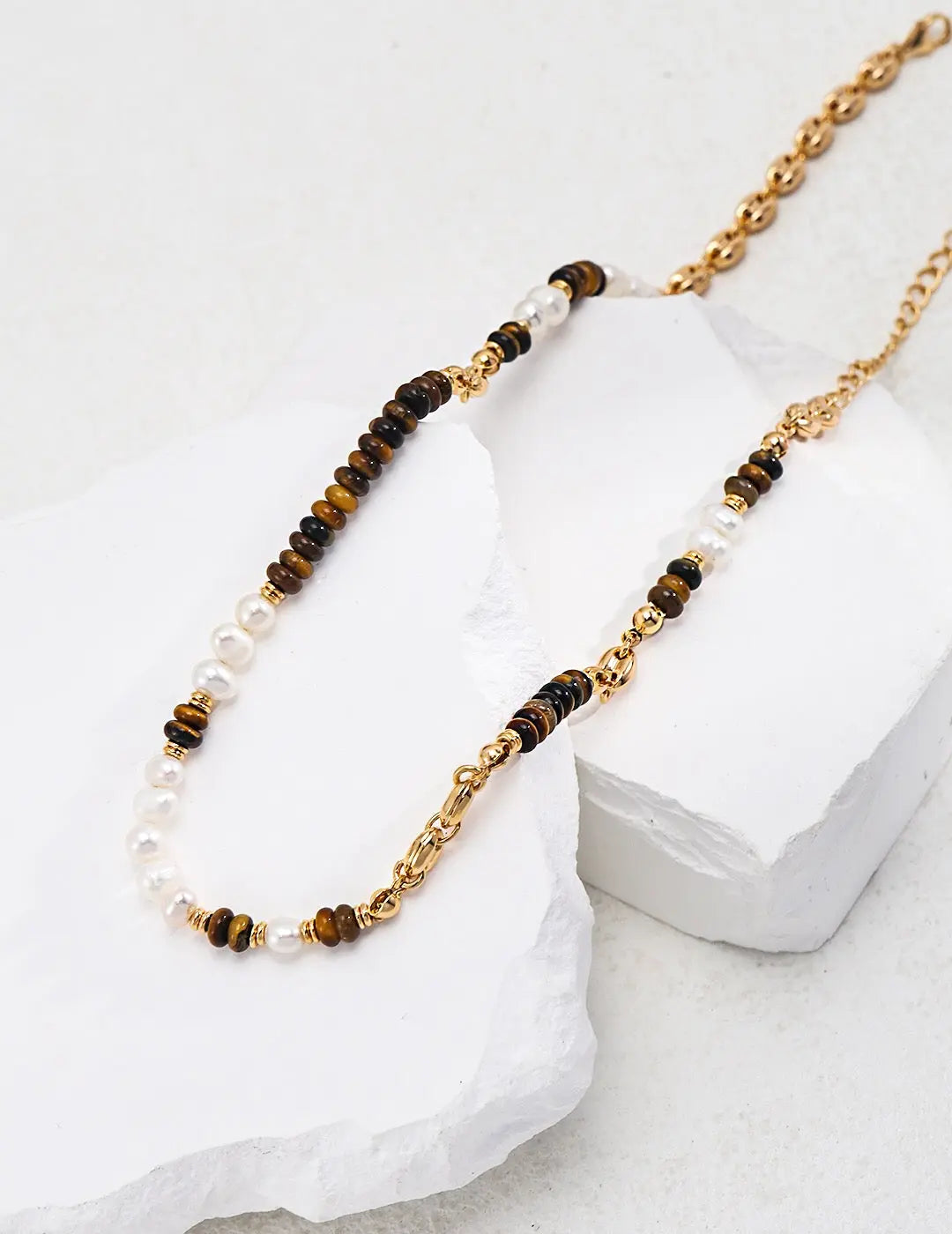 Tiger Eye With Pearl Beaded Necklace-1