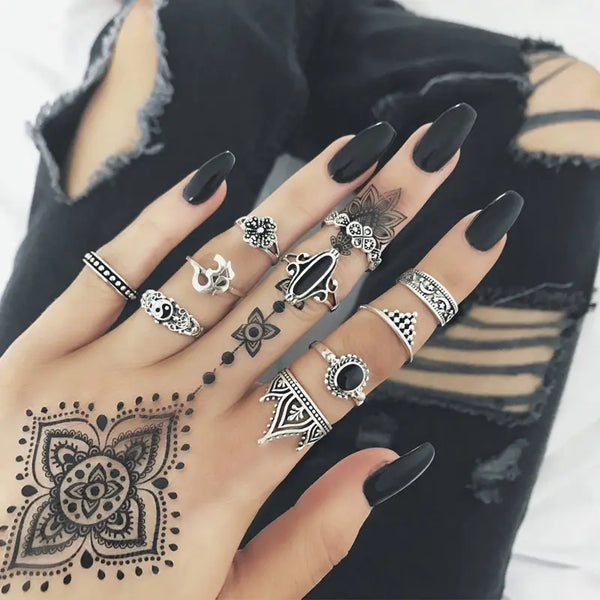 Tocona 10pcs/Set Bohemia Antique Silver Crown Star Moon Flower Carved Rings Sets Opal Stone Knuckle Rings - Memoriex 