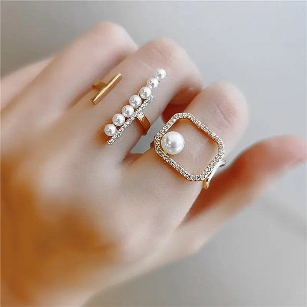 Trendy Style Zircon Open Ring Women Simulated Pearl Geometric Rings Fashion Brass Jewelry Wholesale - Memoriex 