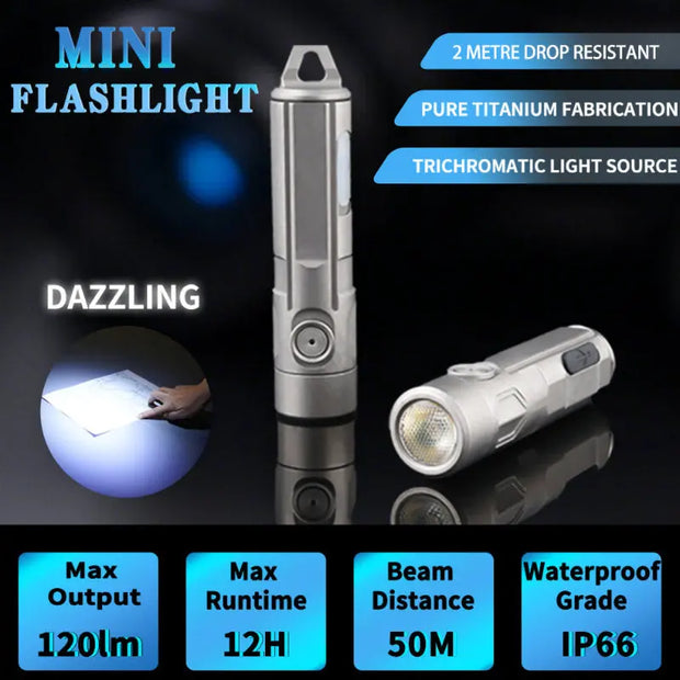 Tri Color Titanium Alloy LED Flashlight Pocket EDC Rechargeable Small Powerful Flashlight High Lumens-0