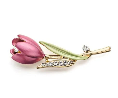 Tulip Flower Brooch Pin Crystal Costume Jewelry - Memoriex 