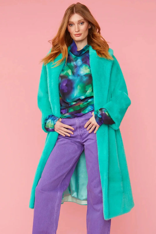 Turquoise Duchess Faux Fur Maxi Coat-0