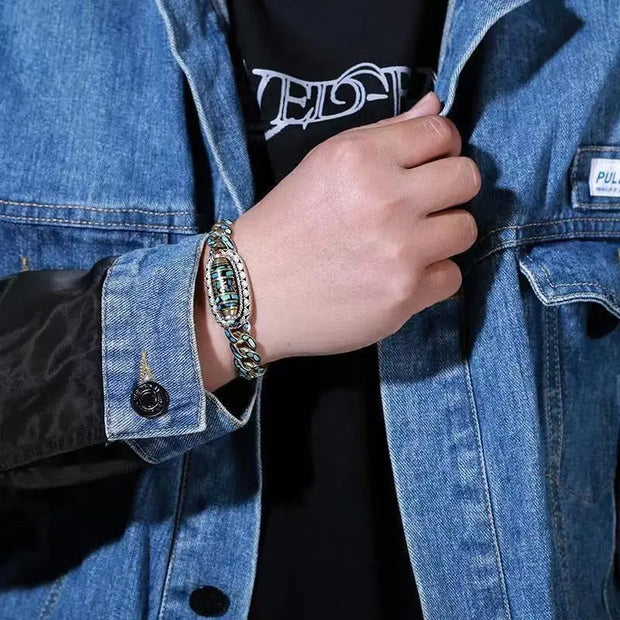 Turquoise Six-character Mantra Nine-eyed Dzi Bead Bracelet - Memoriex 