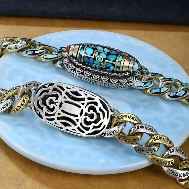 Turquoise Six-character Mantra Nine-eyed Dzi Bead Bracelet - Memoriex 