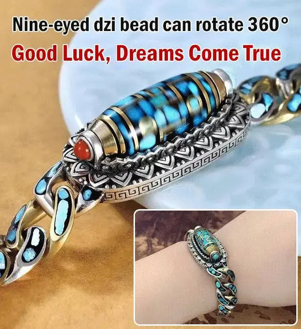 Turquoise Six-character Mantra Nine-eyed Dzi Bead Bracelet - Memoriex 