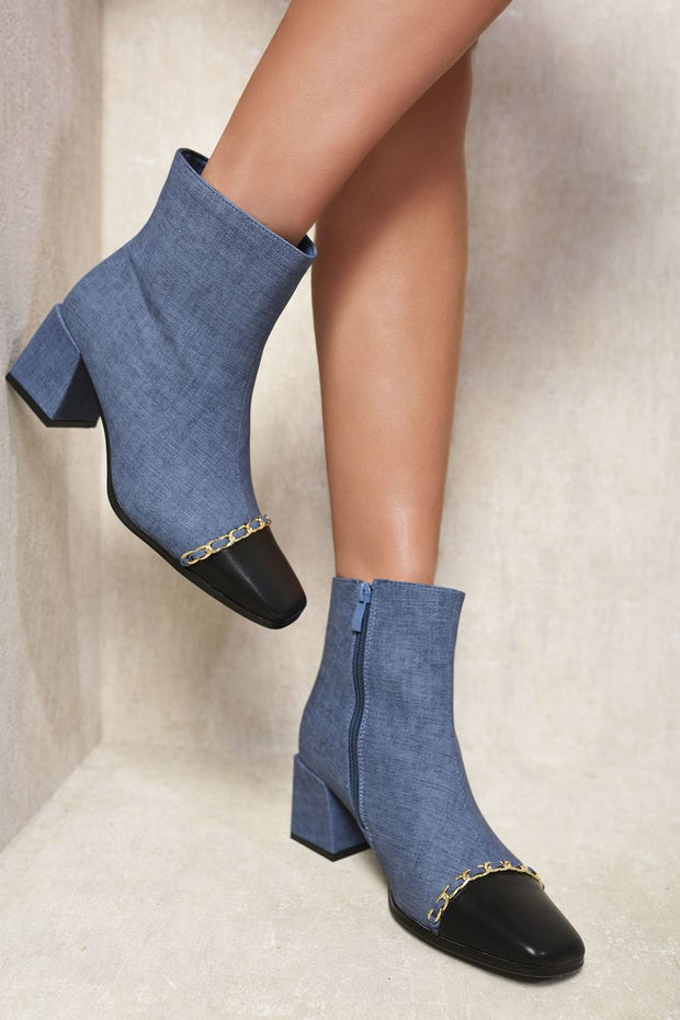 Two Tone Side Zip Block Heel Ankle Boots - Memoriex 